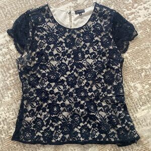 The Limited ivory with navy blue lace peplum blouse